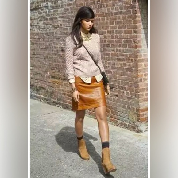 Sea Brown / Camel Leather A Line Button Fall Winter Mini Skirt Size Small